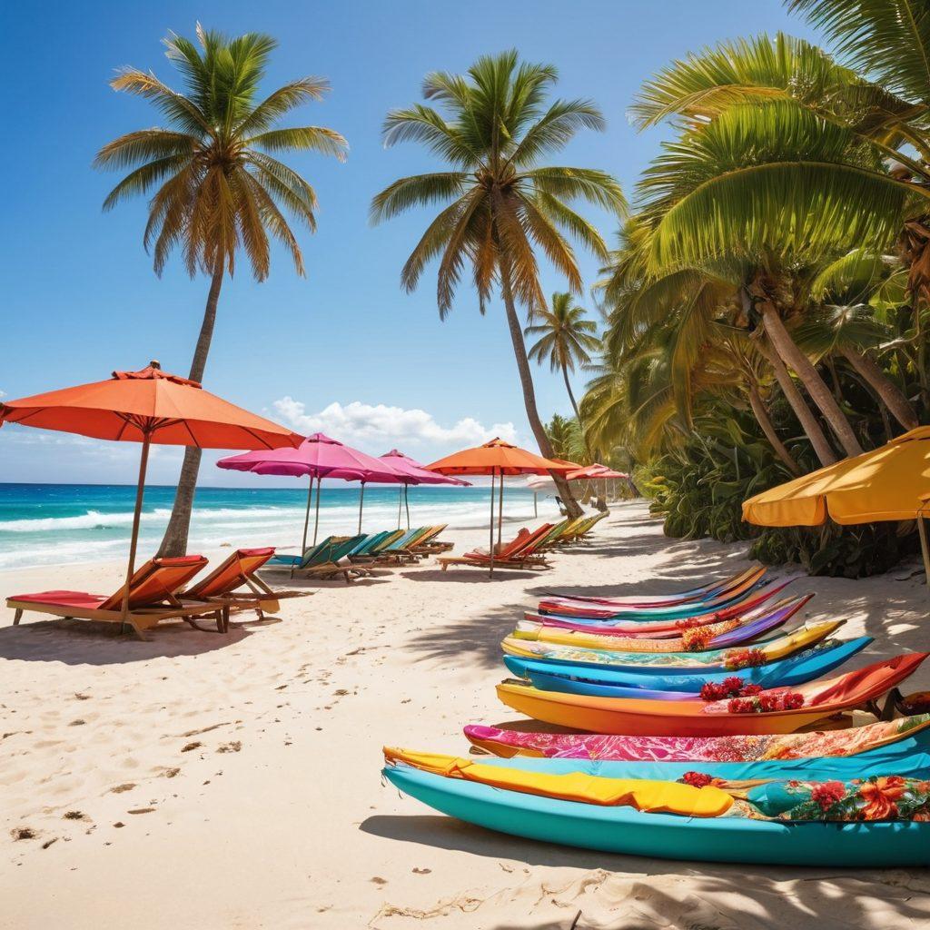 A sun-soaked beach scene showcasing a diverse group of fashionable individuals wearing vibrant bikinis and stylish beachwear. Incorporate colorful beach umbrellas, surfboards, and a crystal-clear ocean in the background. Capture the essence of summer with a joyful and carefree atmosphere. Include tropical elements like palm trees and bright flowers for added flair. super-realistic. vibrant colors. beach setting.