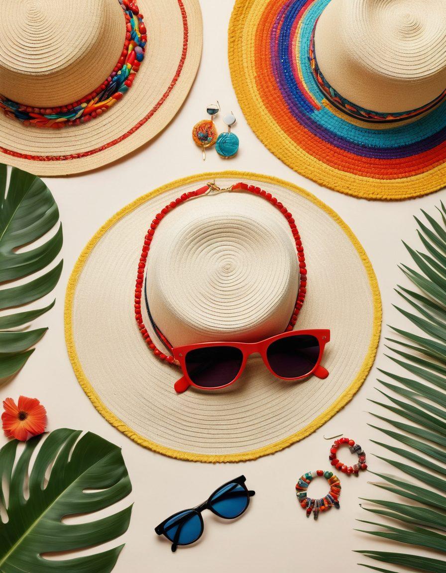 A beautifully arranged flat lay of summer fashion accessories including wide-brimmed hats, colorful beaded jewelry, and stylish sunglasses, set against a light, sandy beach background. Incorporate splashes of vibrant tropical colors and textures that evoke a sense of effortless chic. Show diverse eclectic styles represented with different patterns and fabrics to illustrate versatility. super-realistic. vibrant colors. white background.